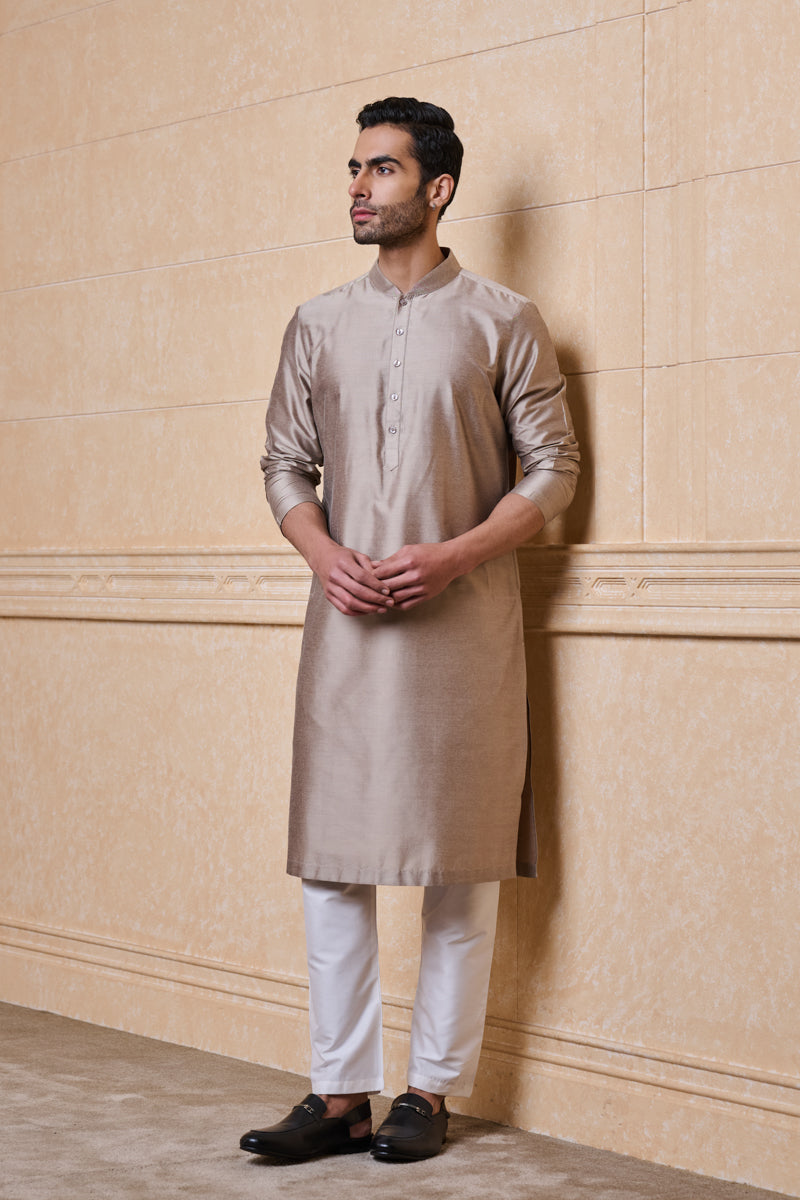 Beige Classic Single Kurta With Zero Point Collar