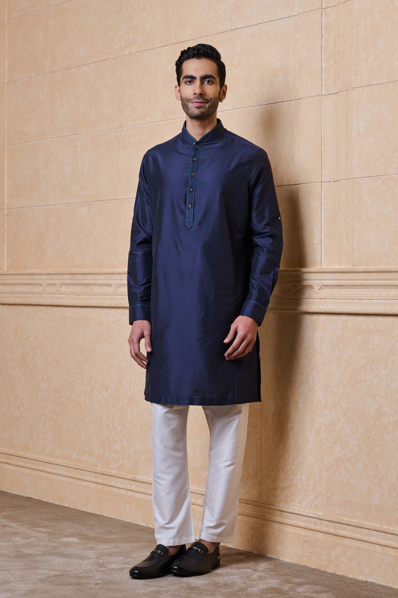 Navy Single Kurta With Top Stitch Detailing