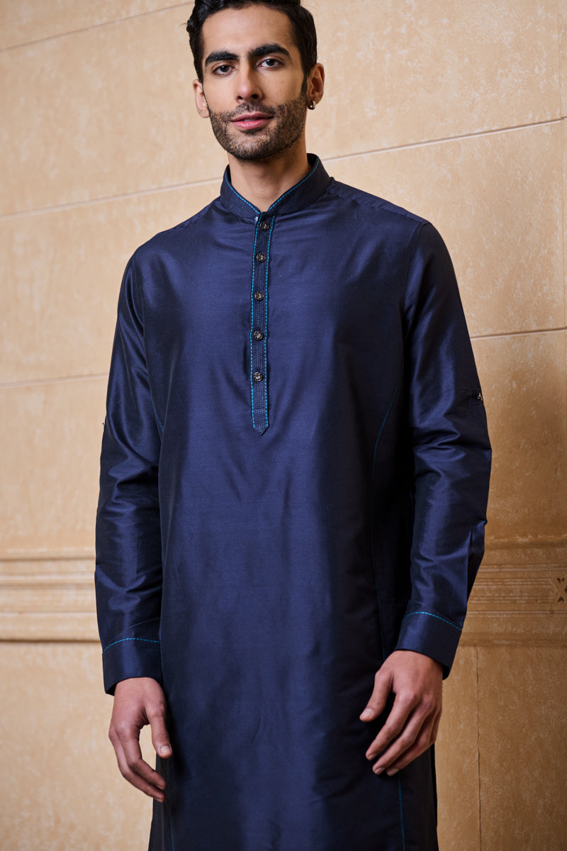 Navy Single Kurta With Top Stitch Detailing