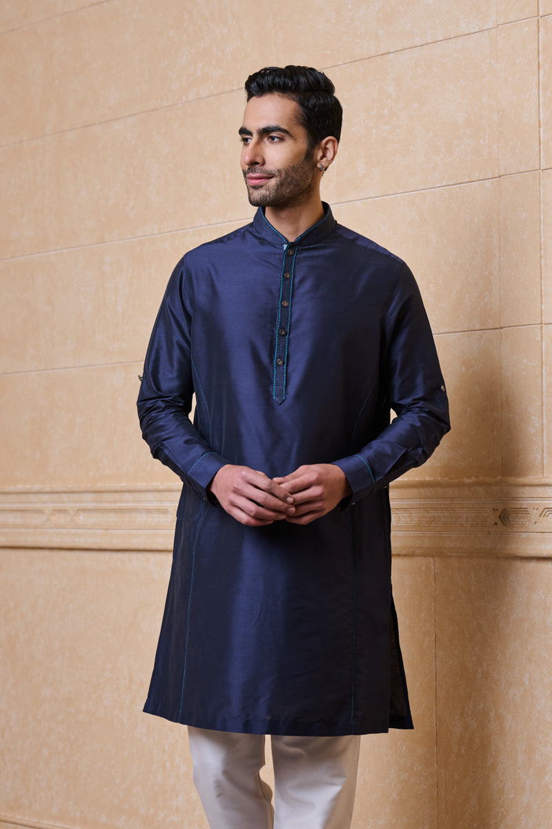 Navy Single Kurta With Top Stitch Detailing