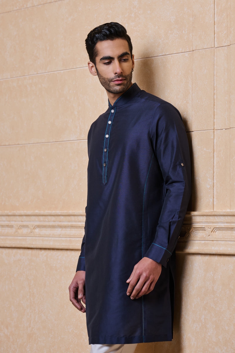 Navy Single Kurta With Top Stitch Detailing