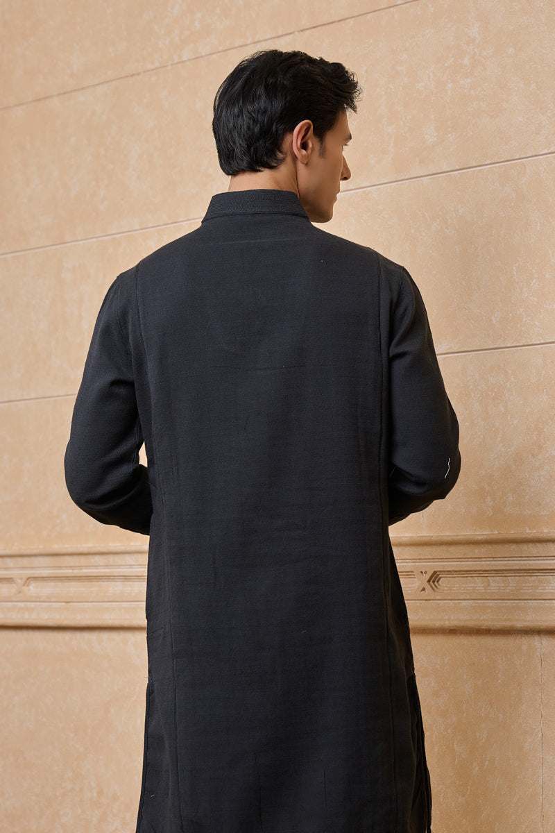 Black Single Kurta With Fagotting Detail