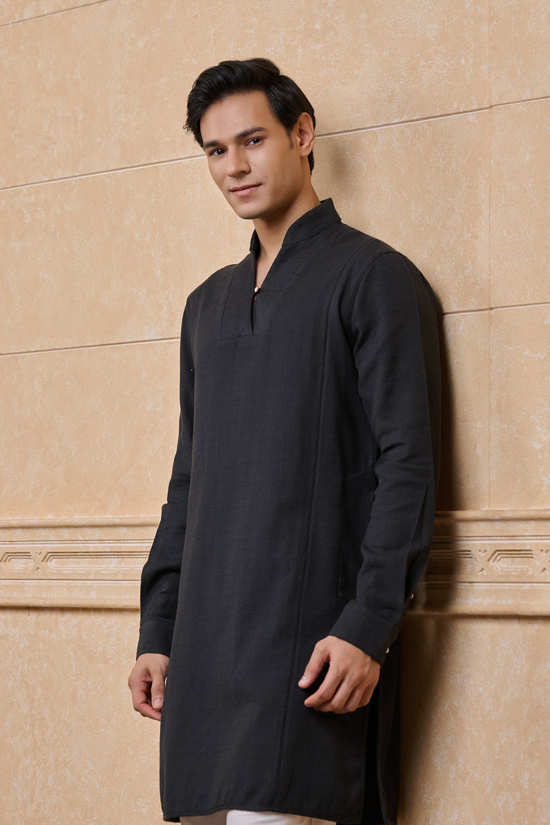 Black Single Kurta With Fagotting Detail