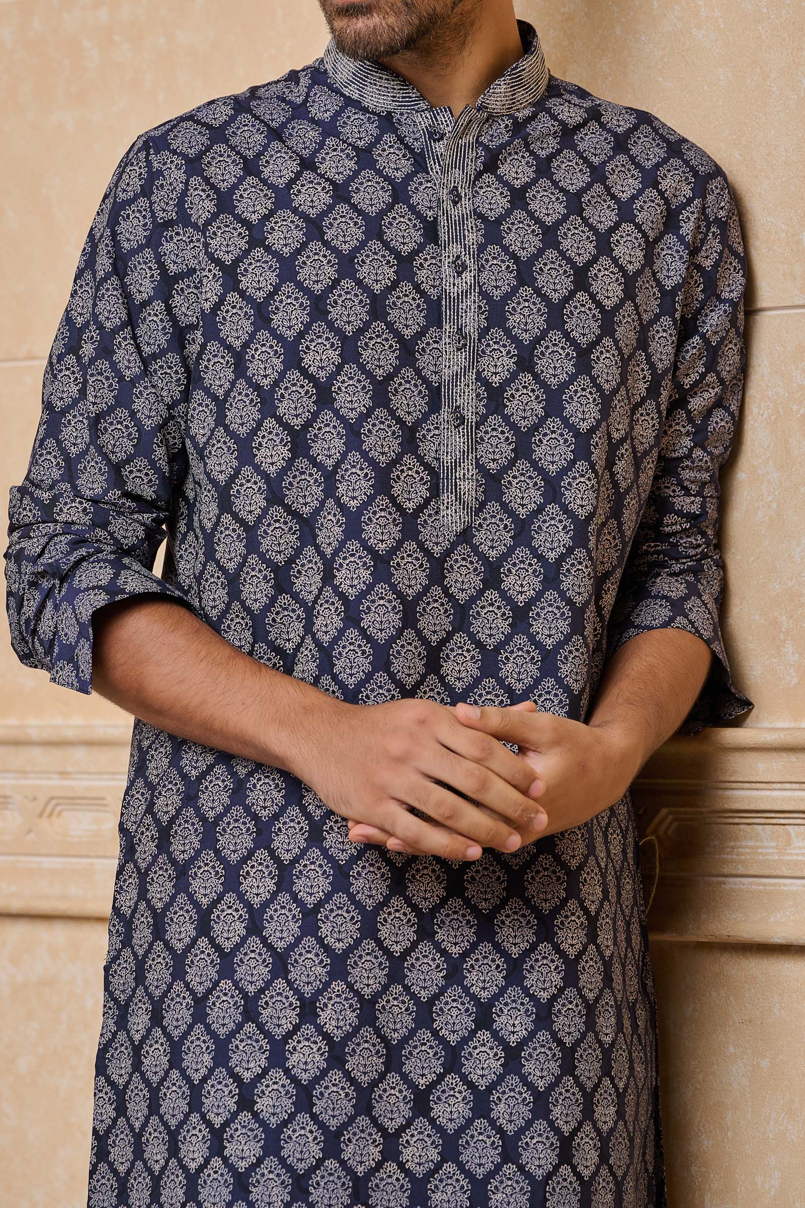 Navy Screen Printed Kurta