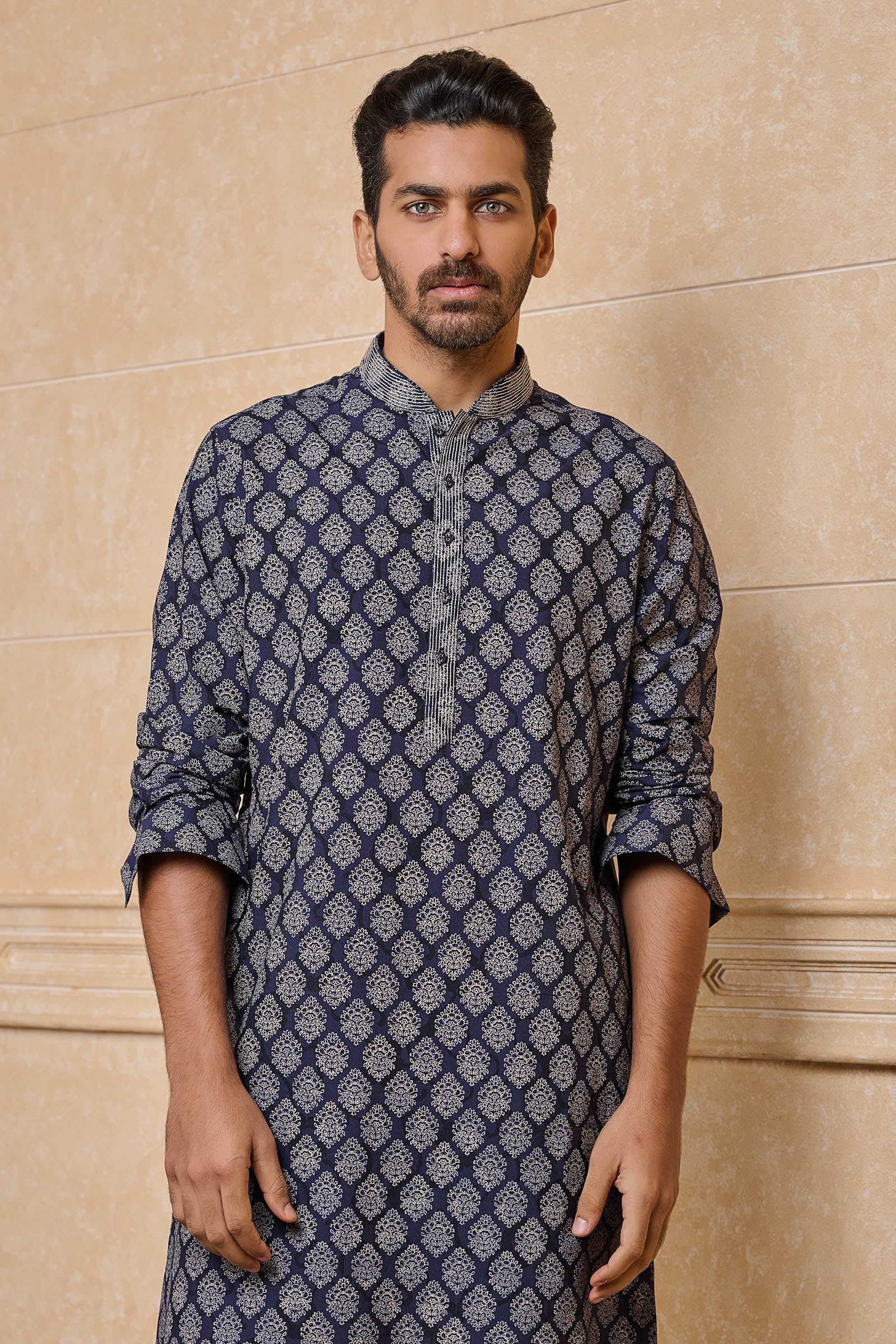 Navy Screen Printed Kurta