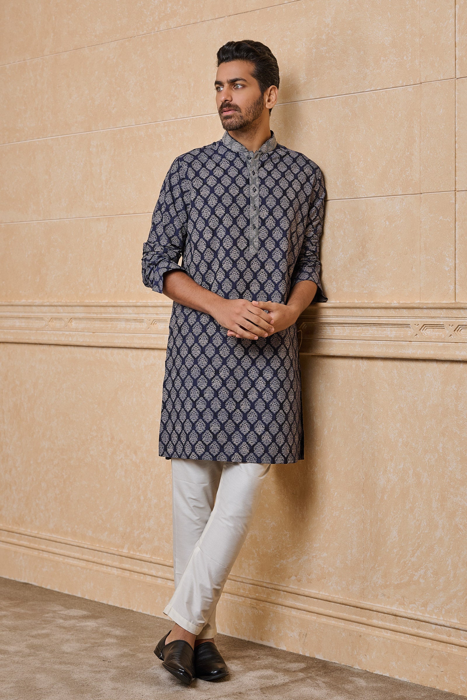 Navy Screen Printed Kurta