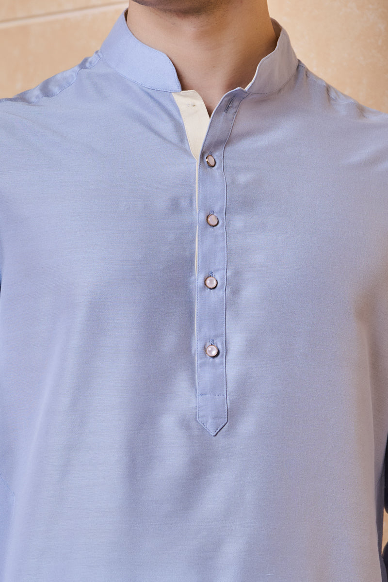 Light Blue Kurta With Contrast Edge Detailing