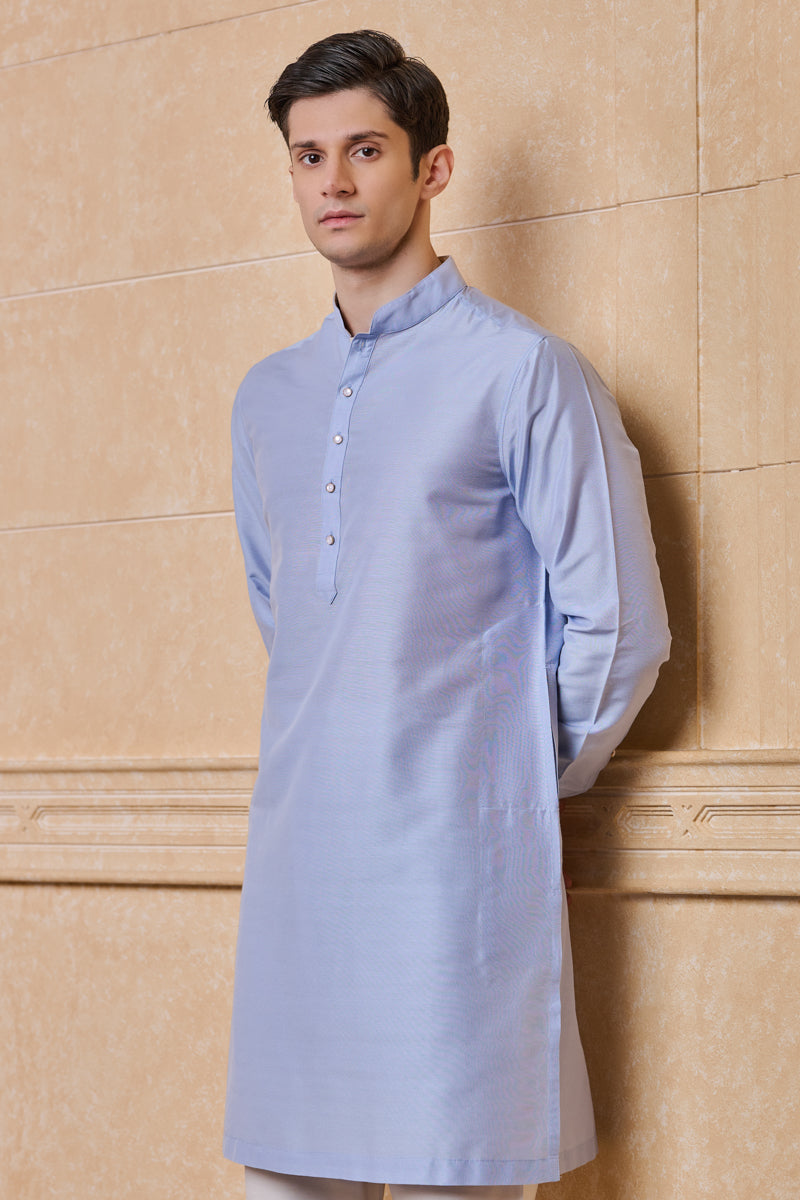 Light Blue Kurta With Contrast Edge Detailing