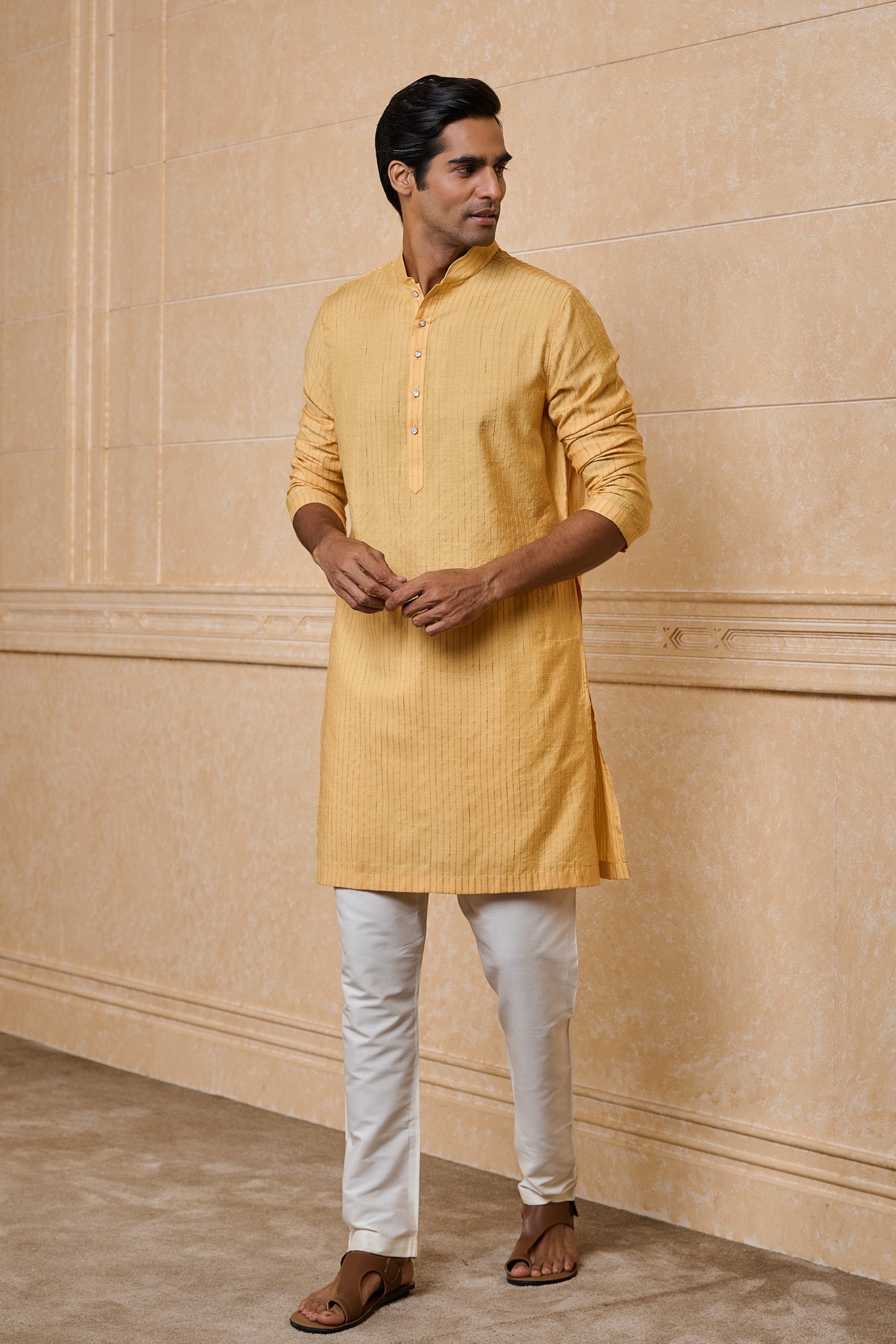 Yellow Textured Jacquard Single Kurta