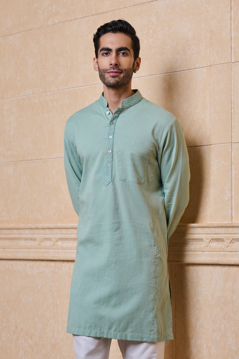 Light Green Single Kurta With Textured Collar