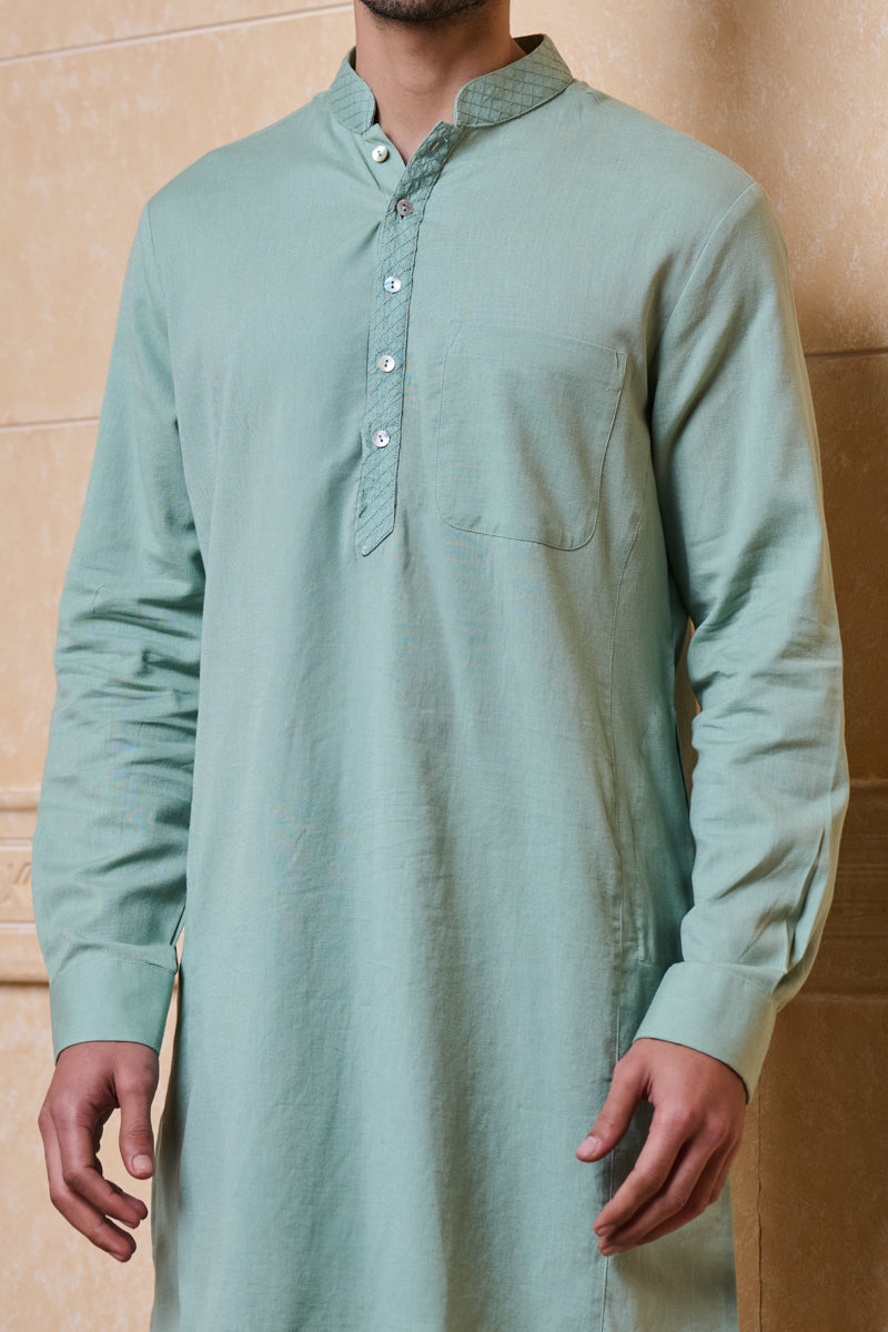 Light Green Single Kurta With Textured Collar