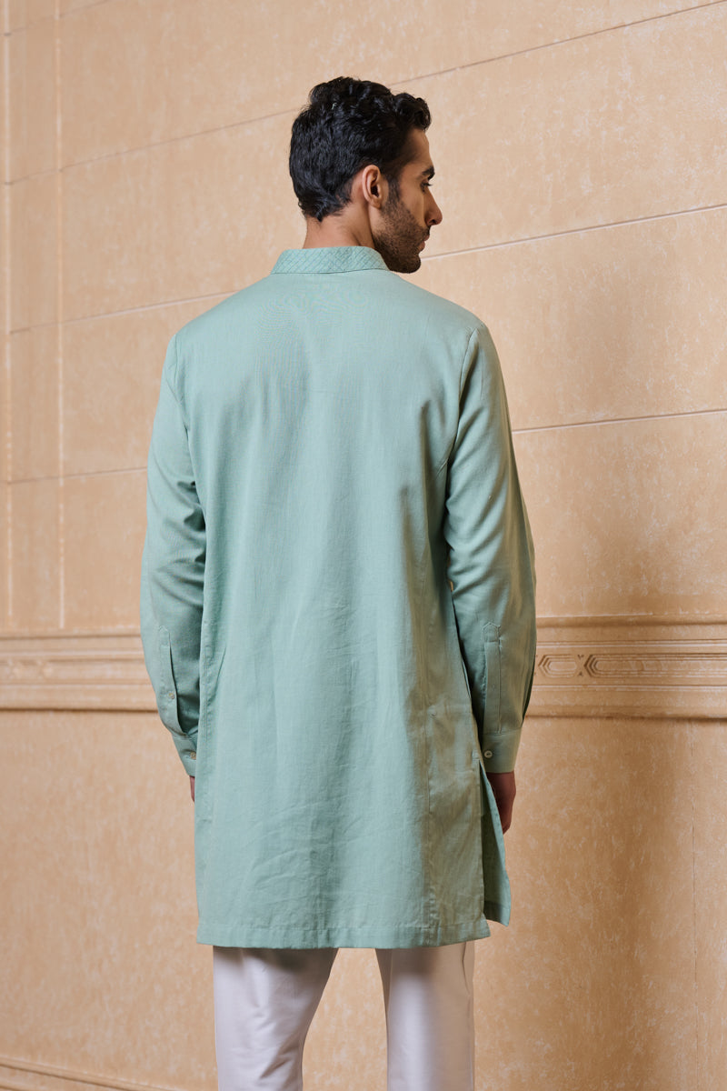 Light Green Single Kurta With Textured Collar