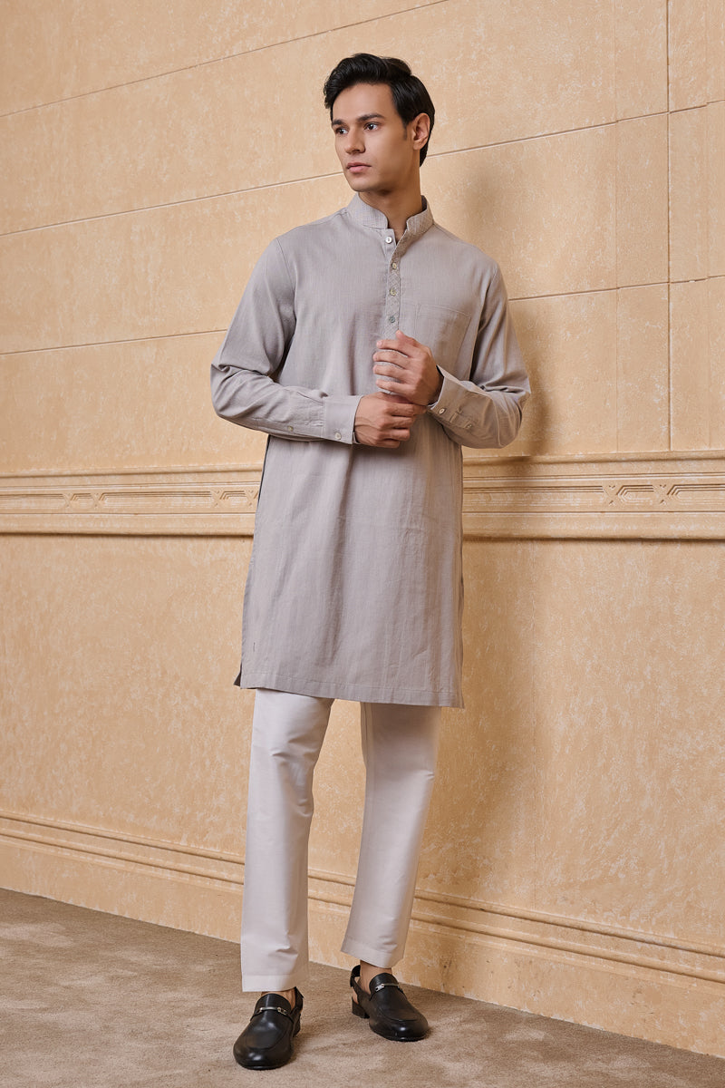 Light Grey Single Kurta With Textured Collar