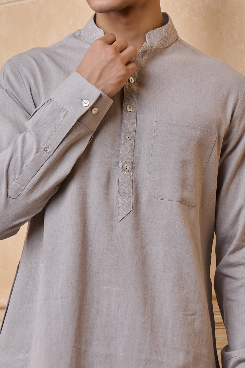 Light Grey Single Kurta With Textured Collar