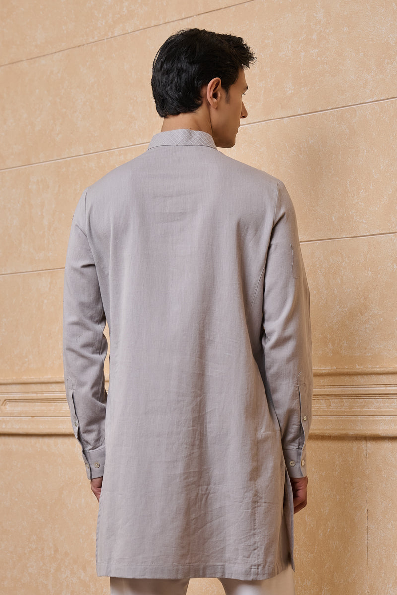 Light Grey Single Kurta With Textured Collar