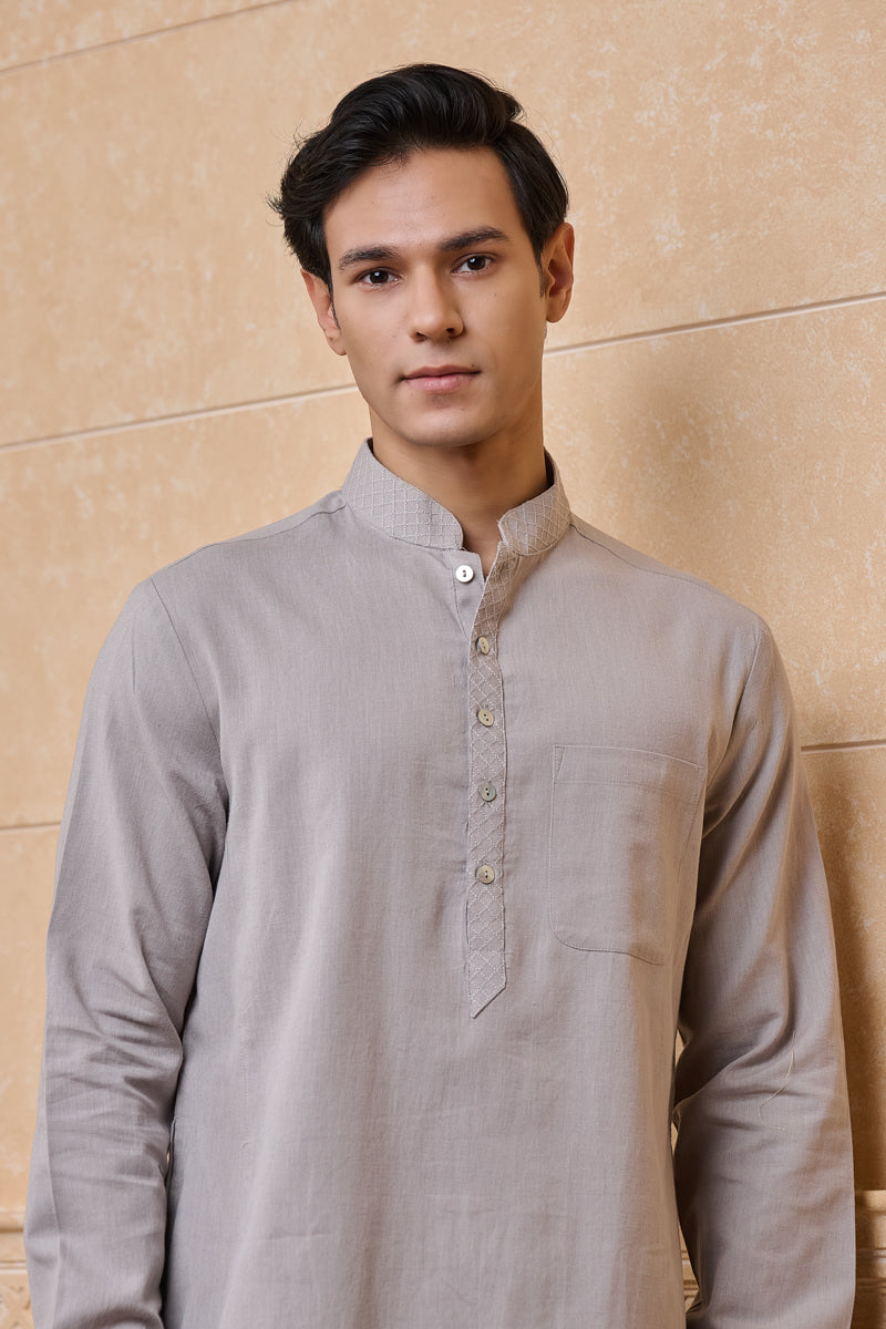 Light Grey Single Kurta With Textured Collar