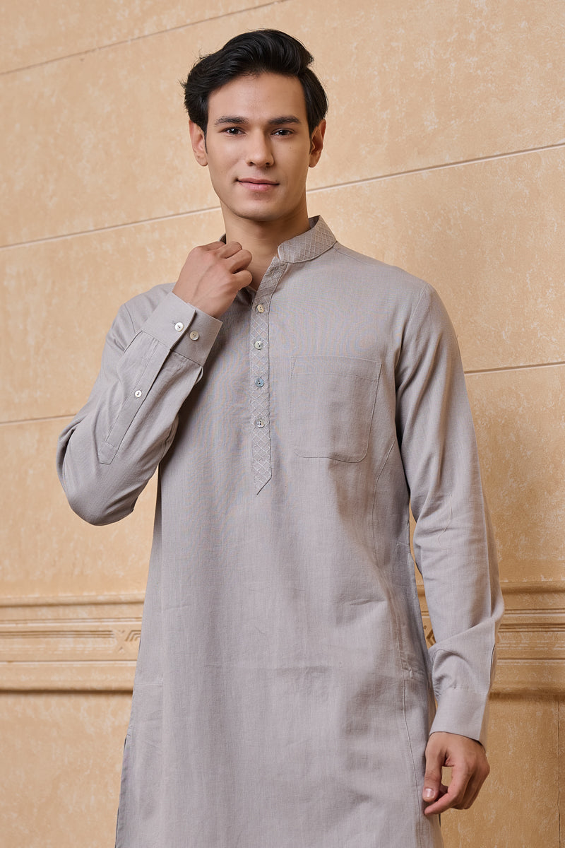 Light Grey Single Kurta With Textured Collar