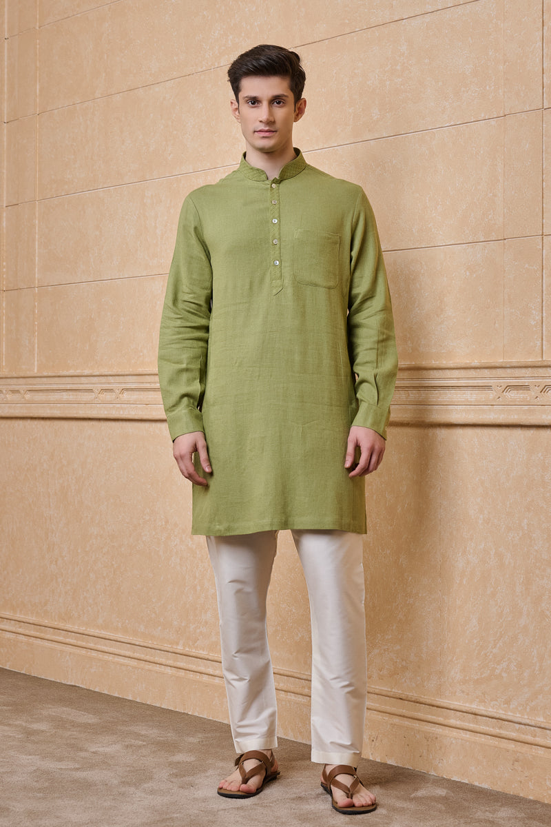 Olive Single Kurta With Textured Collar