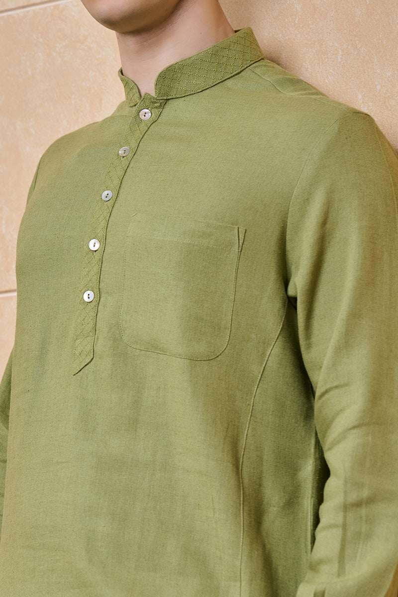 Olive Single Kurta With Textured Collar