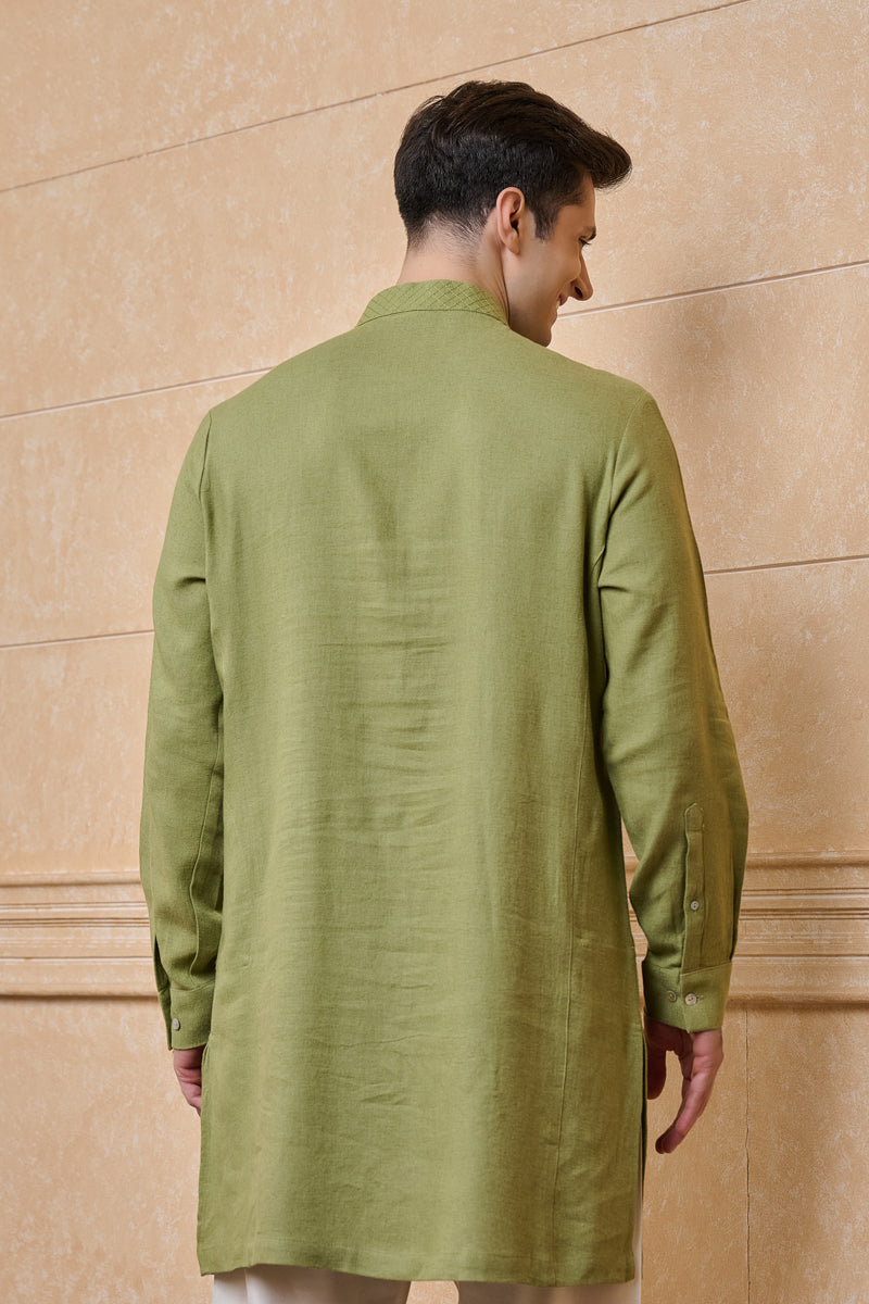 Olive Single Kurta With Textured Collar