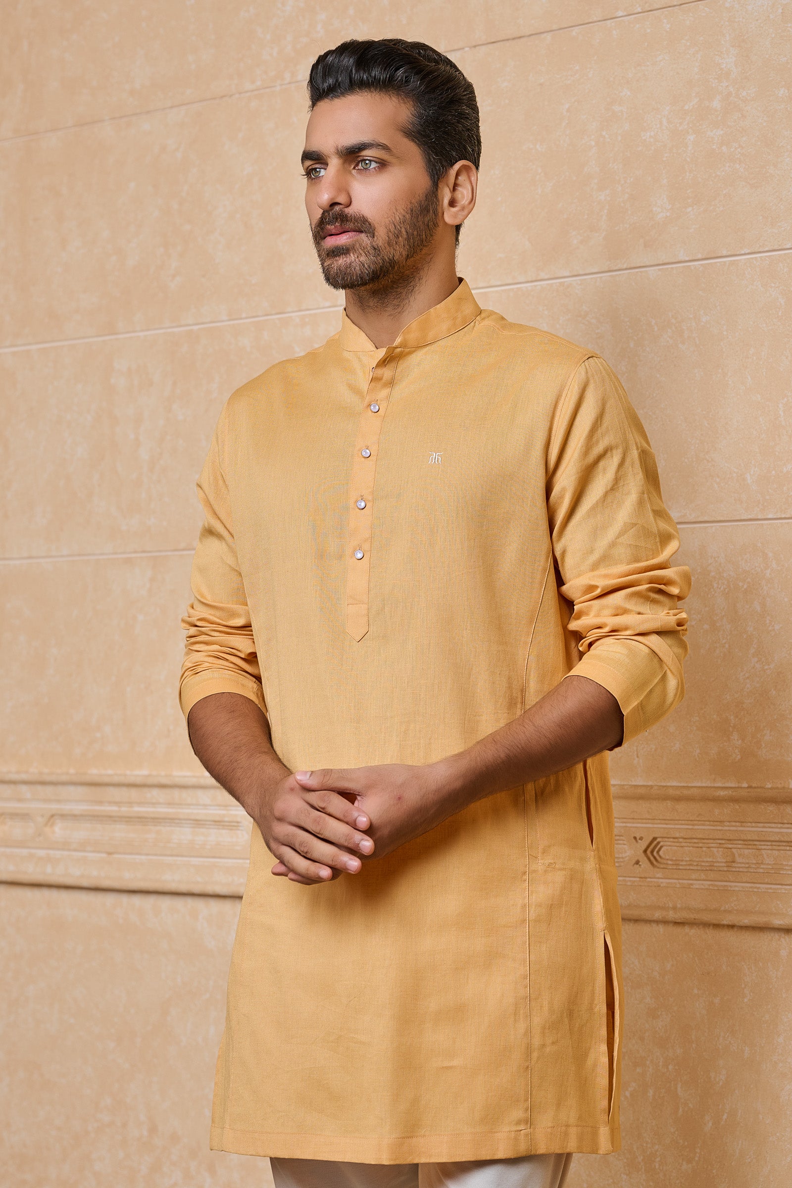 Yellow Ochre Clasic Zero Point Collar Single Kurta