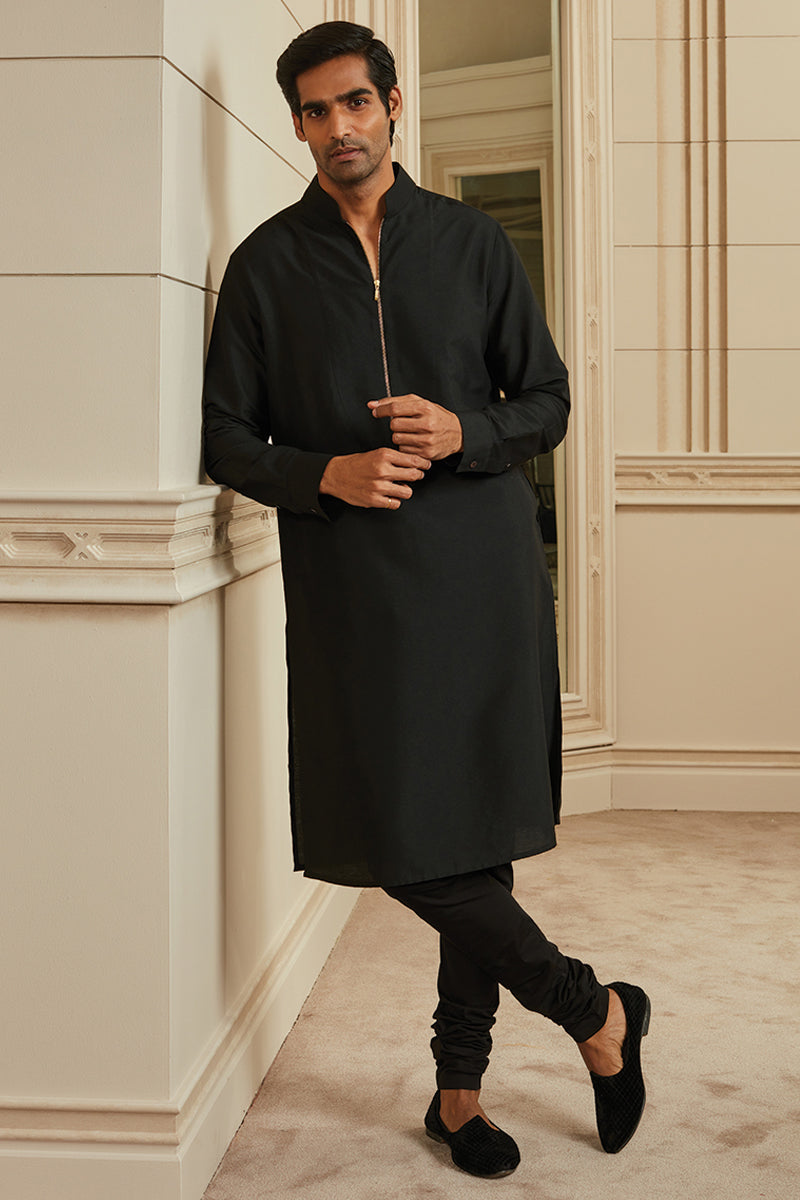 Black Single Kurta With Zipper Placket