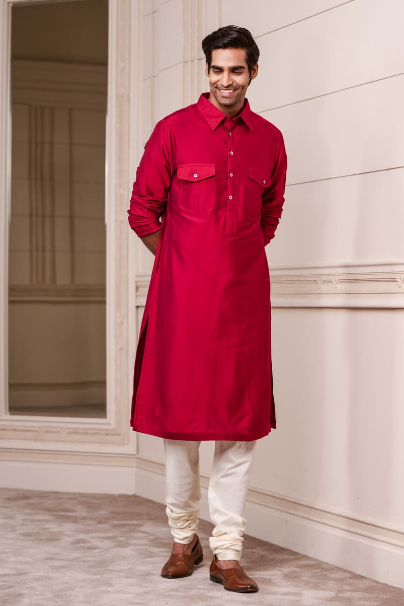 Red Kurta With Collar And Pocket Detailing