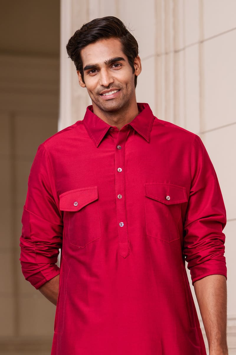 Red Kurta With Collar And Pocket Detailing