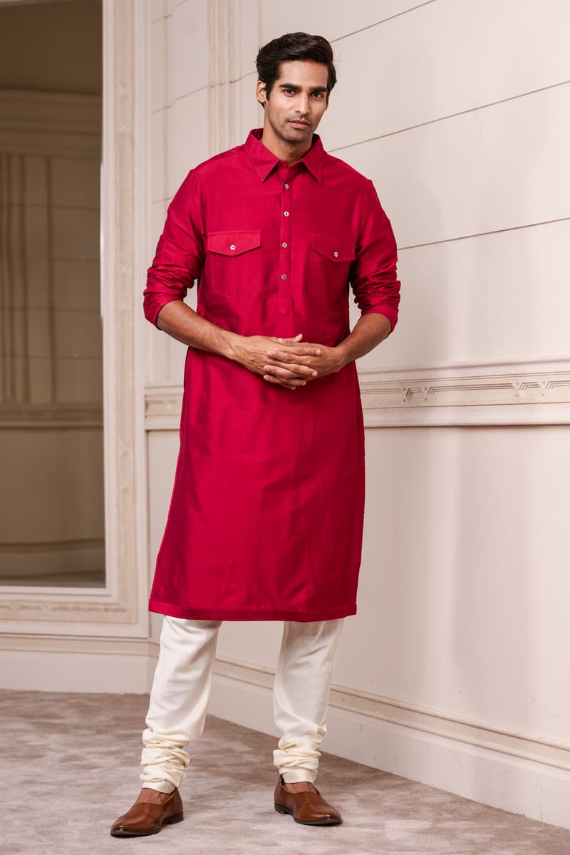 Red Kurta With Collar And Pocket Detailing