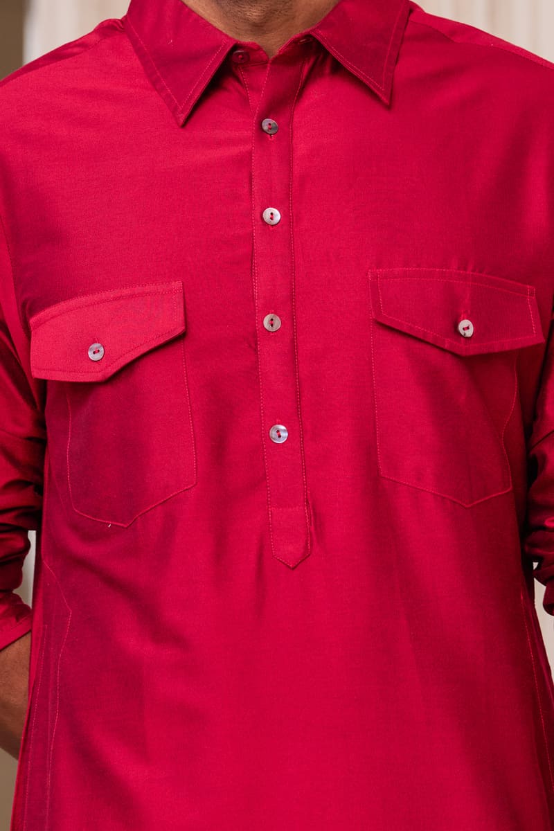 Red Kurta With Collar And Pocket Detailing