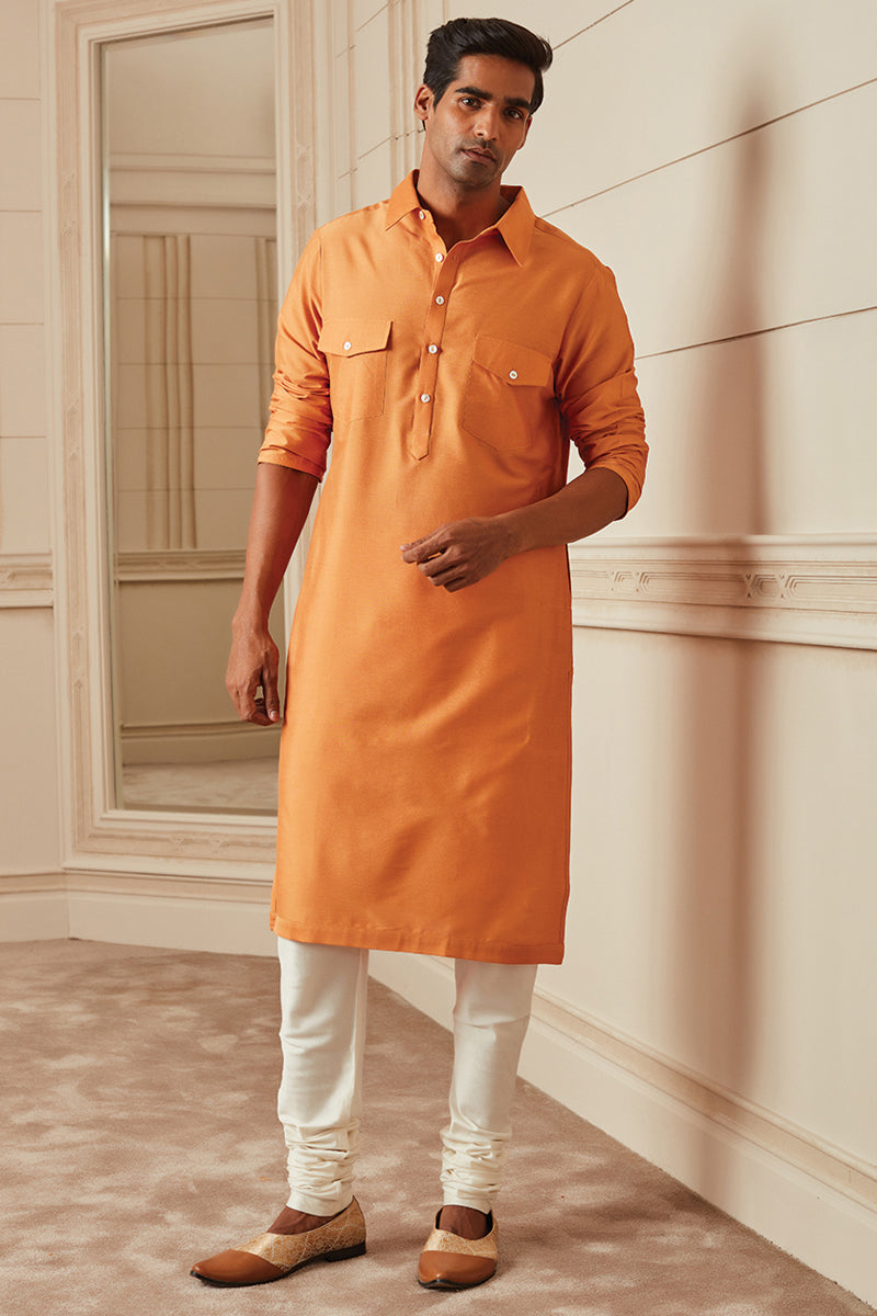 Orange Kurta With Collar And Pocket Detailing