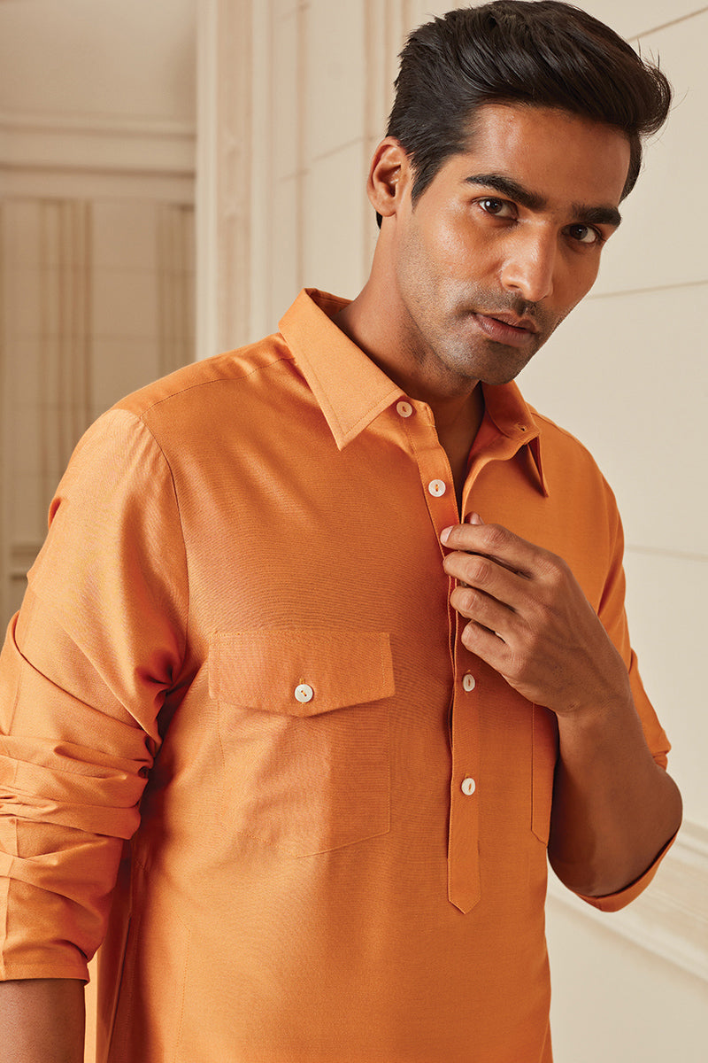 Orange Kurta With Collar And Pocket Detailing