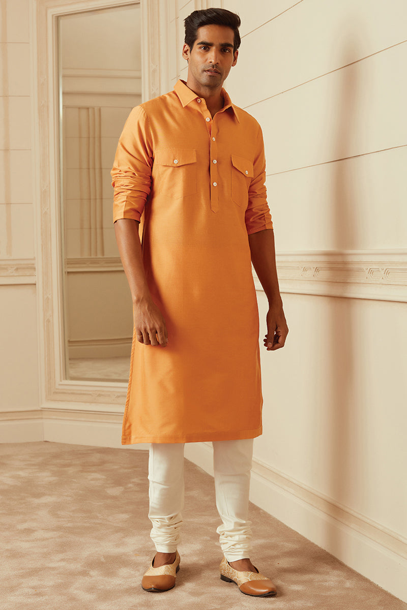 Orange Kurta With Collar And Pocket Detailing