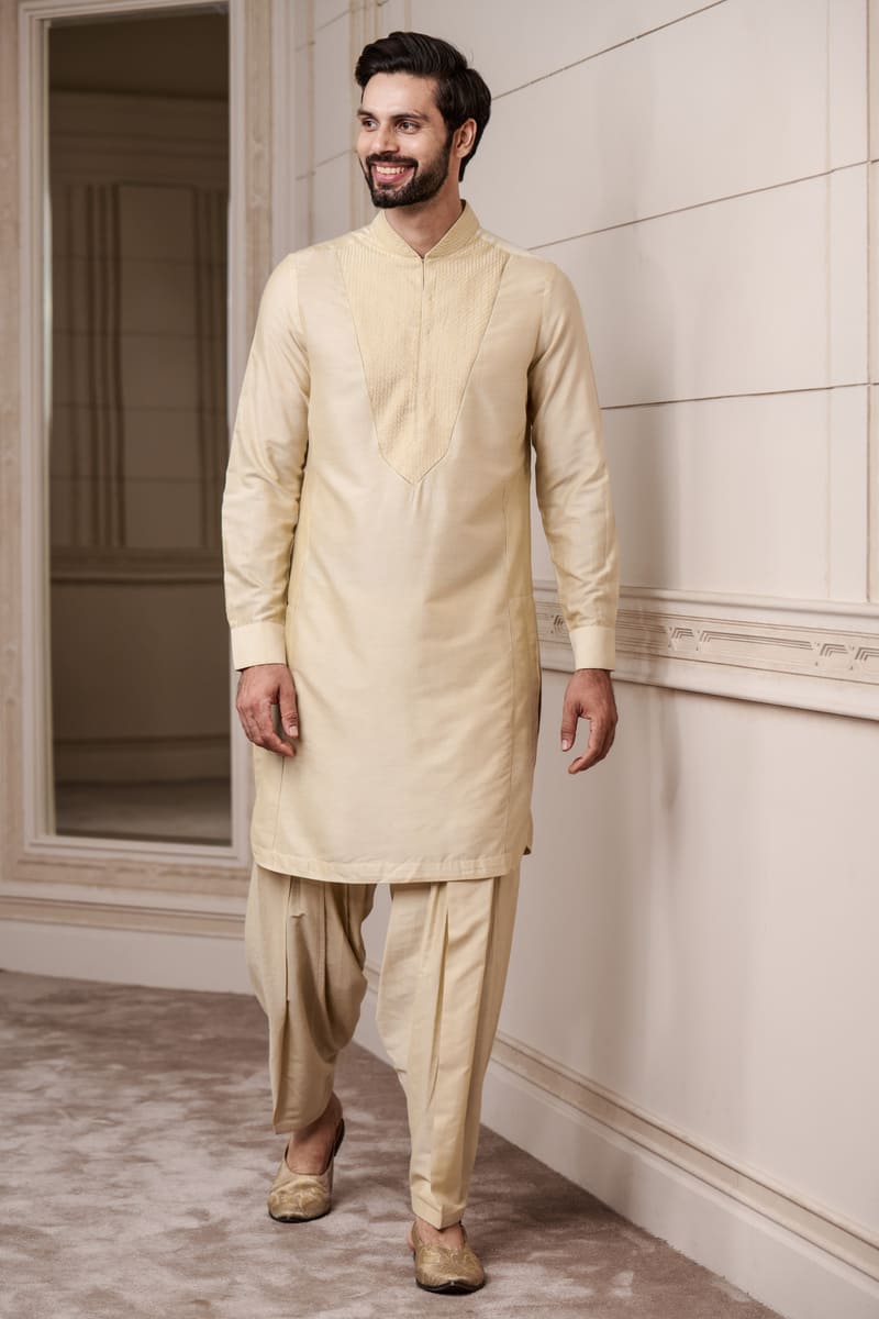 Gold Kurta With Textured Placket