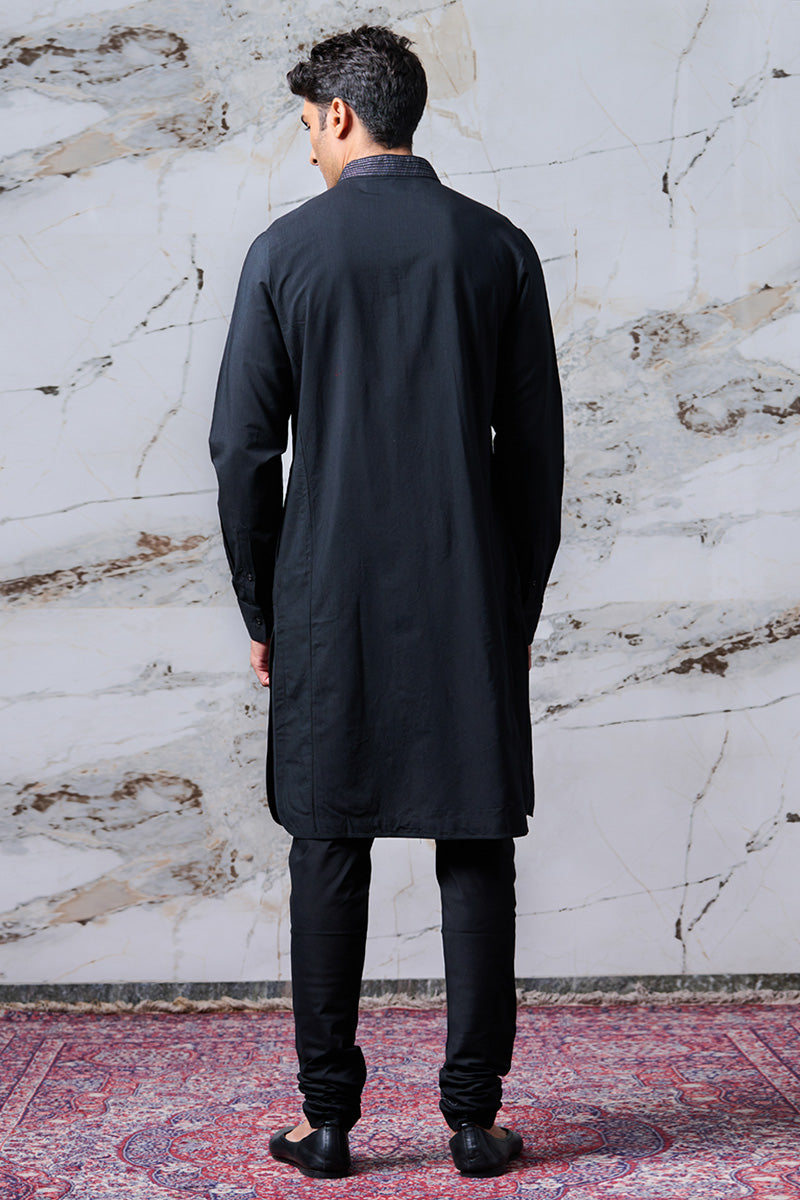 Black Kurta With Textured Placket