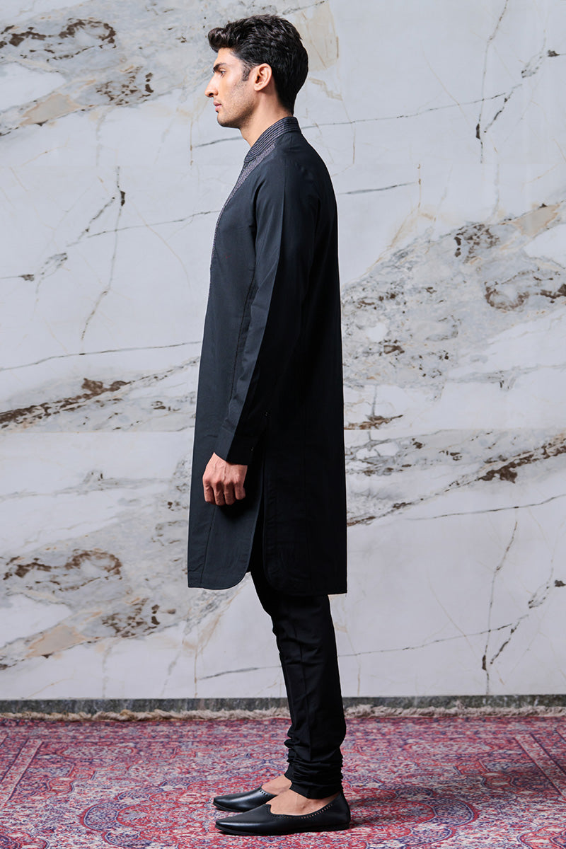 Black Kurta With Textured Placket