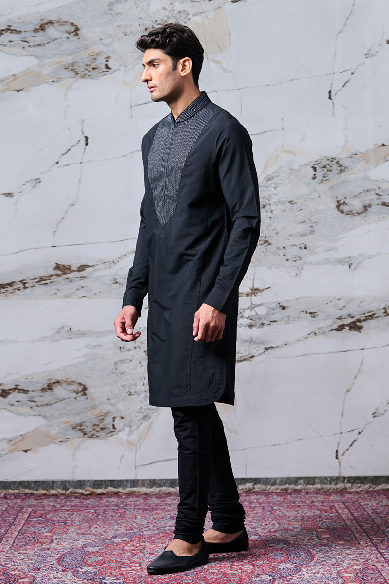 Black Kurta With Textured Placket