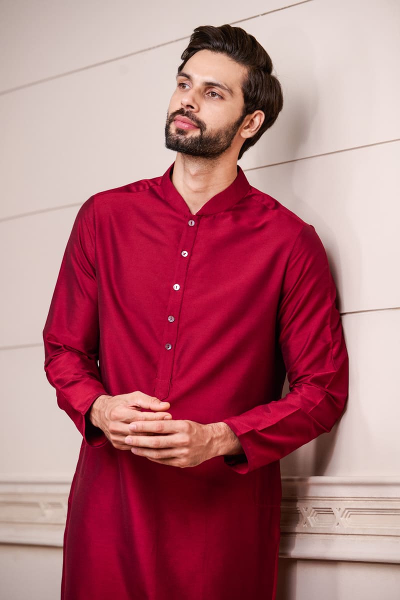 Red Zero Point Collar Kurta