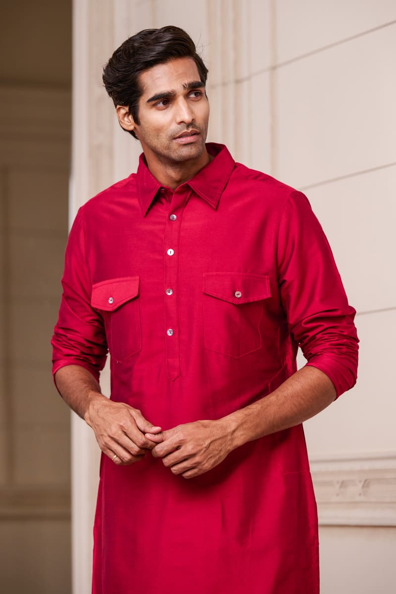 Red Kurta With Collar and Front Pockets