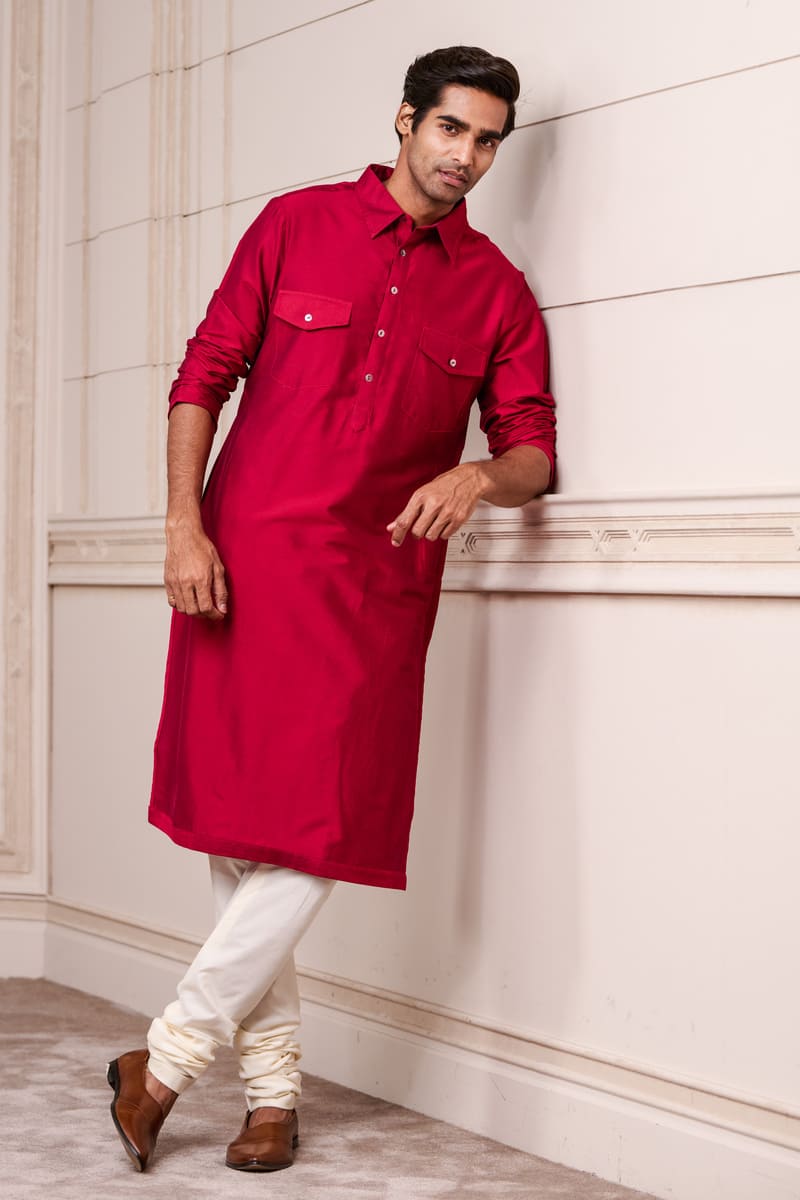 Red Kurta With Collar and Front Pockets