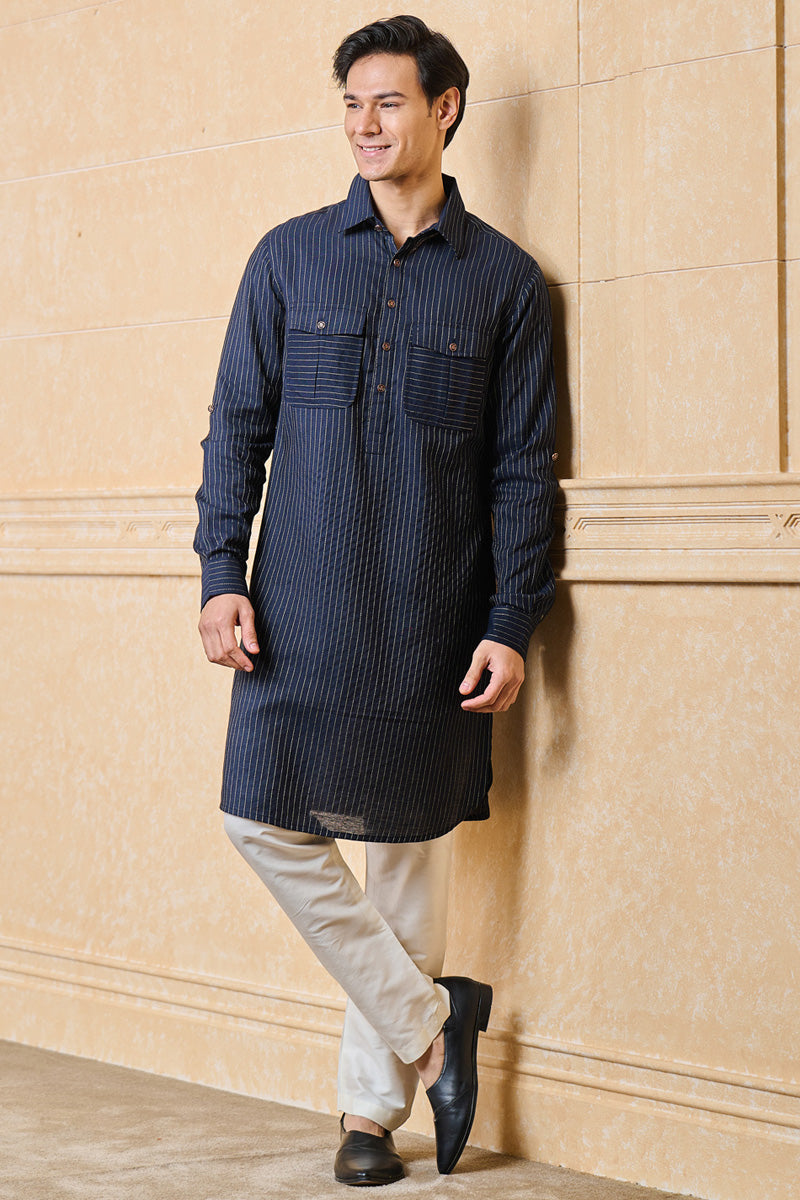 Navy Striped Stylised Kurta