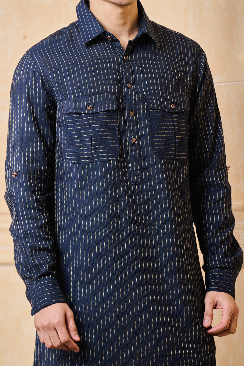 Navy Striped Stylised Kurta