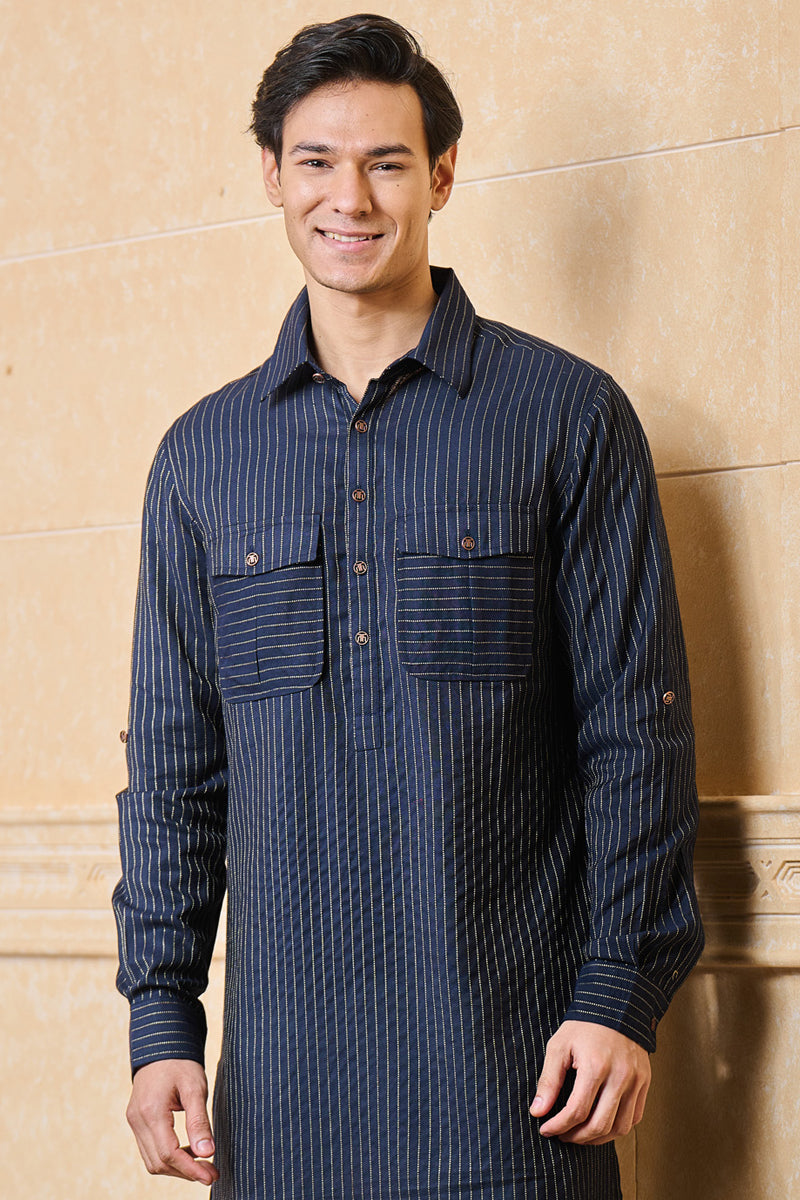 Navy Striped Stylised Kurta