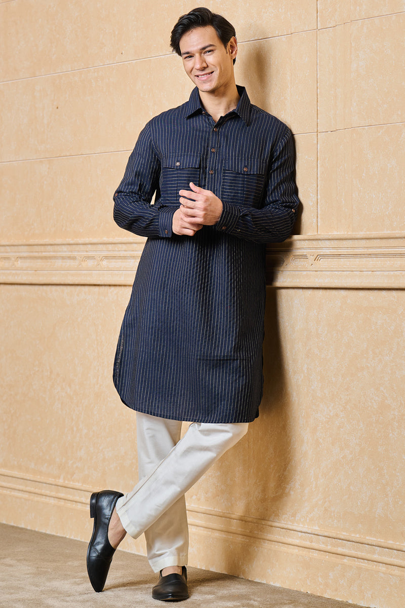 Navy Striped Stylised Kurta