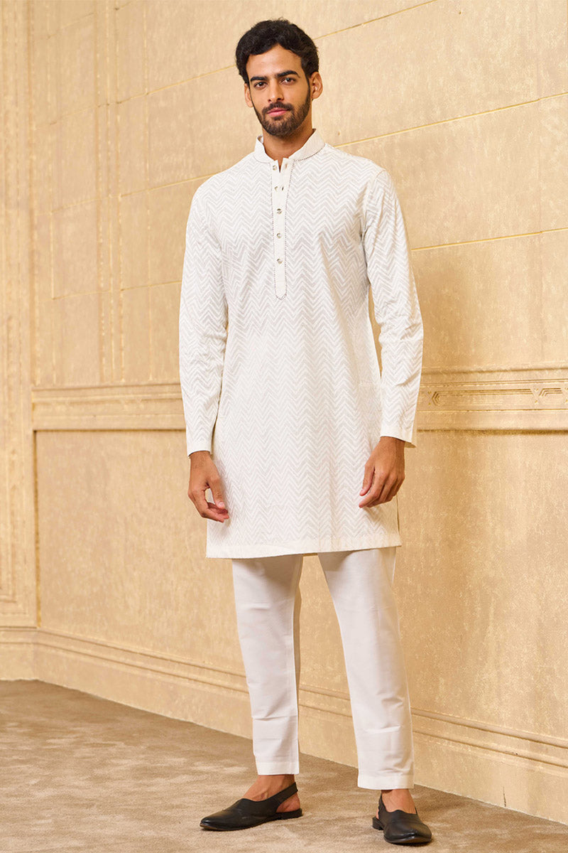 White Short Length Jacquard Kurta