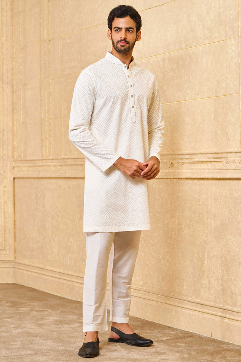 White Short Length Jacquard Kurta