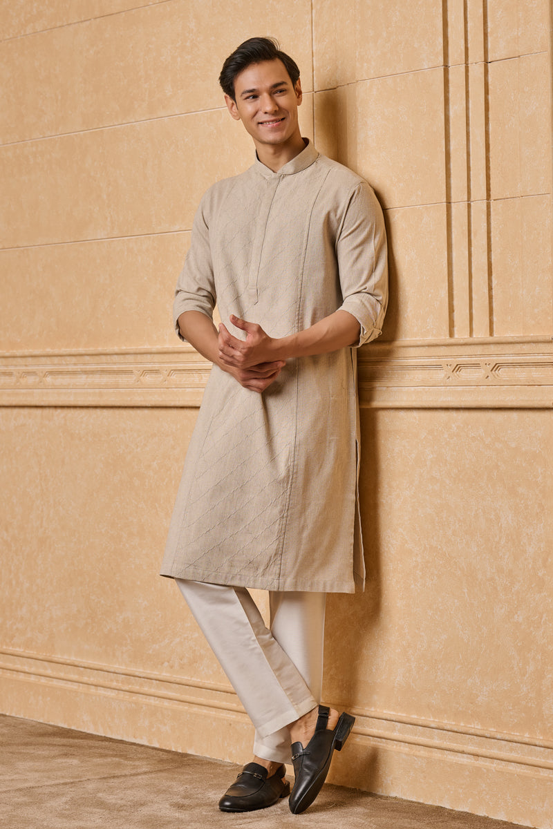 Beige Kurta With Placement Embroidery