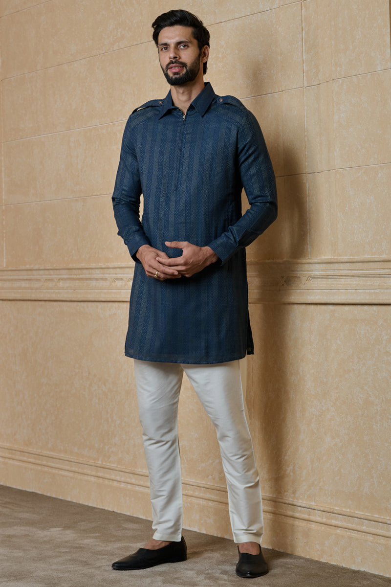 Medium Blue Stylised Kurta With Zipper Placket