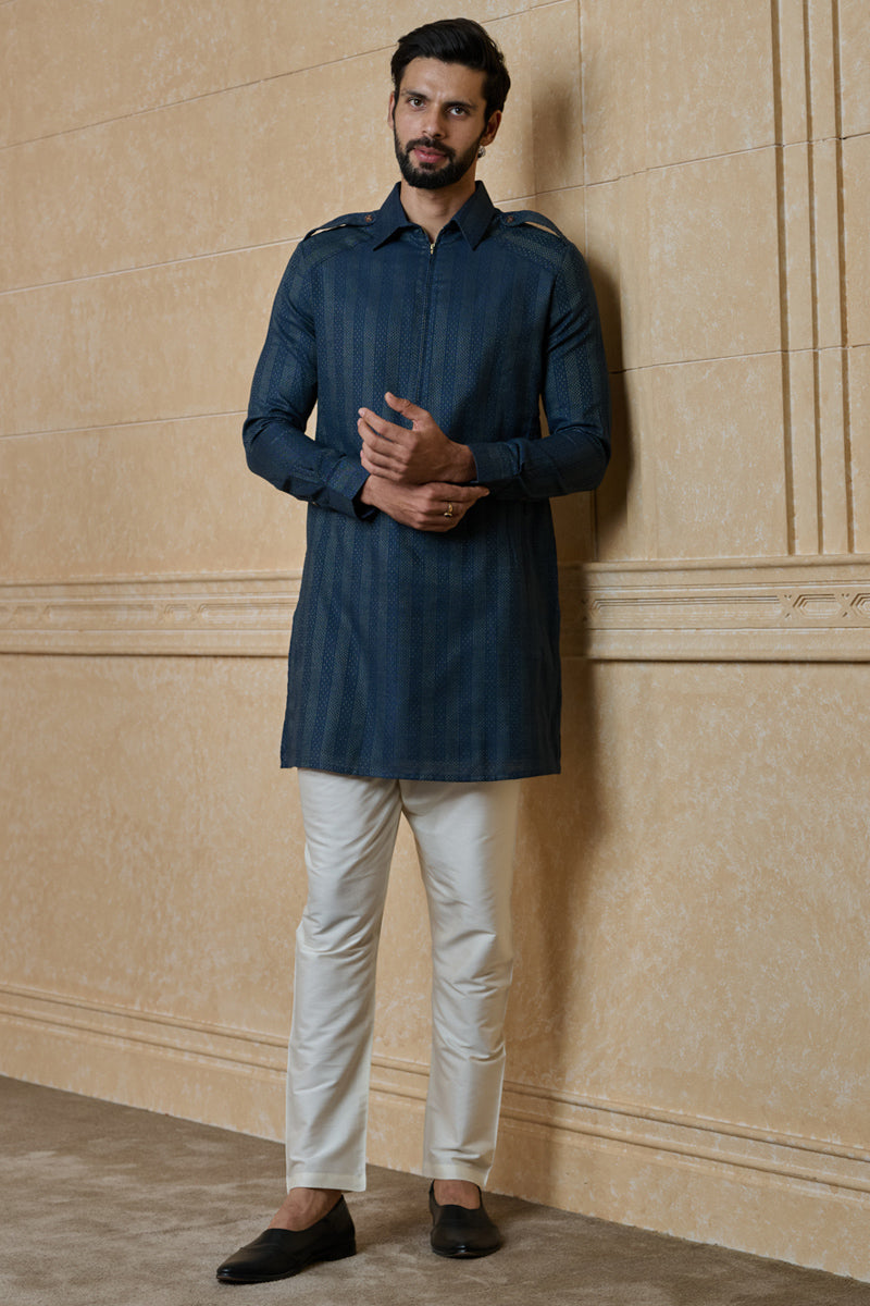 Medium Blue Stylised Kurta With Zipper Placket