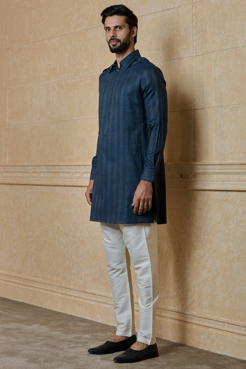 Medium Blue Stylised Kurta With Zipper Placket